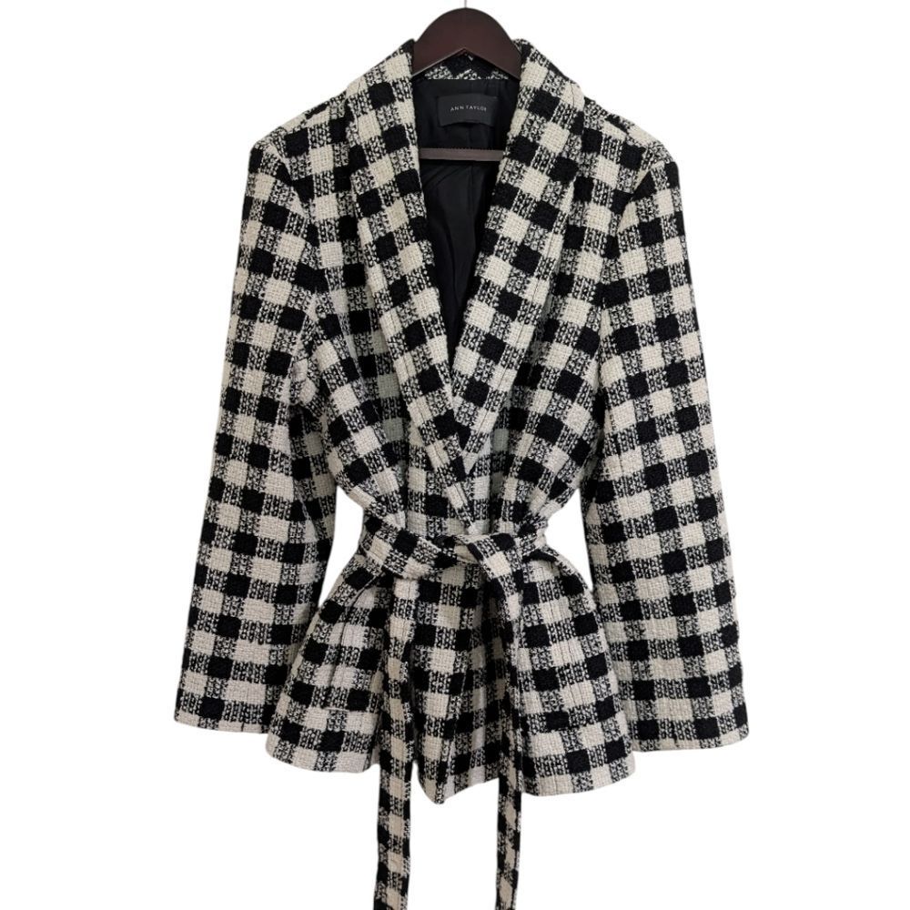Ann Taylor Black & White Buffalo Check Tweed Wrap Jacket - Fits Women's XL